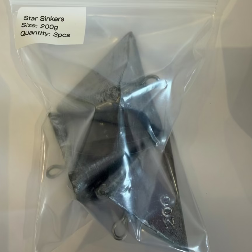 Star sinkers in a clear plastic bag with a label on a white background
