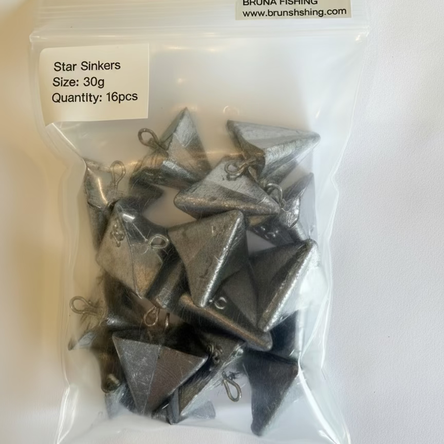 Bag of star sinkers with a label on a white background