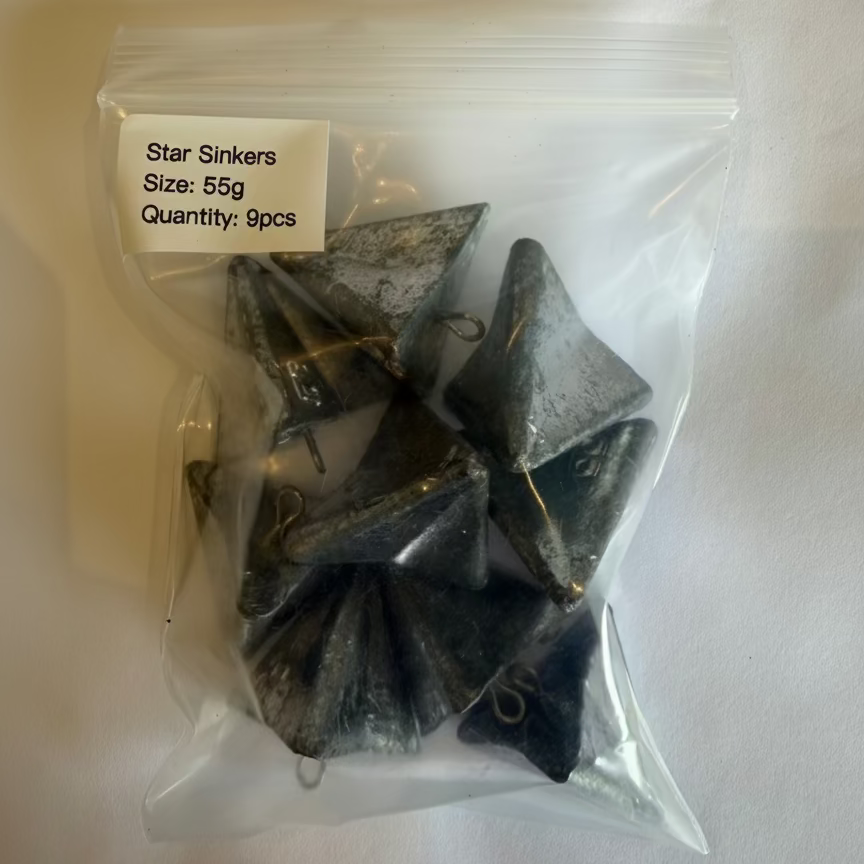 Clear plastic bag with star-shaped sinkers labeled on a white background