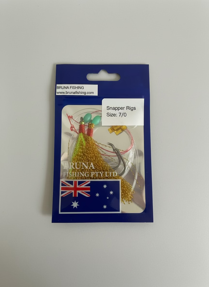 Bruna Fishing Rigs packaging with Australian flag on a textured surface