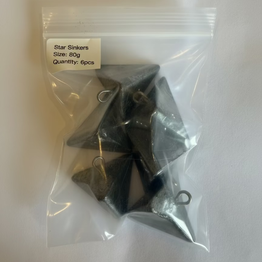 Clear plastic bag with star sinkers labeled on a white background