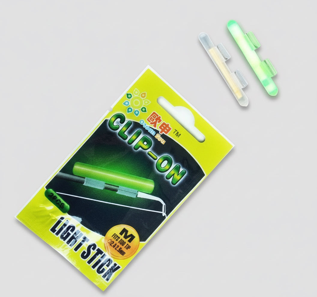 Packaging of clip-on glow sticks with two sticks on a black background