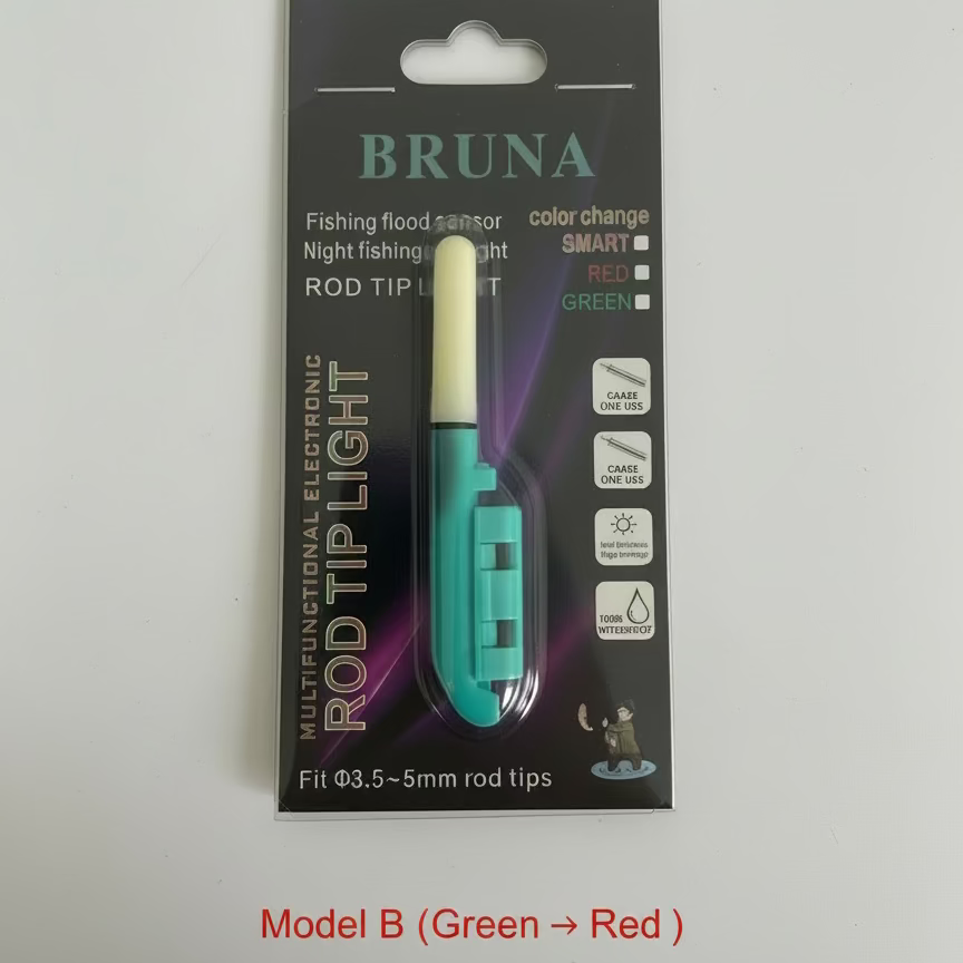 Bruna fishing flood sensor packaging with a color-changing rod tip light on a gray background