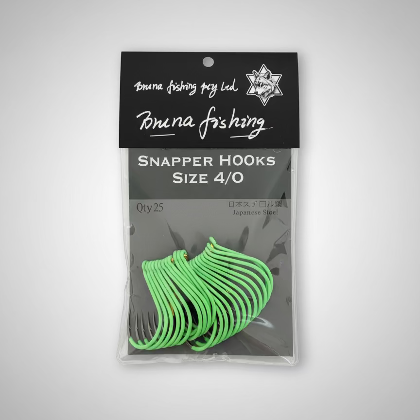 Premium Snapper Hooks – 4/0, 5/0, 6/0 | Japanese Steel | Green / White | 25pcs Pack  (10 packs for $156.95)