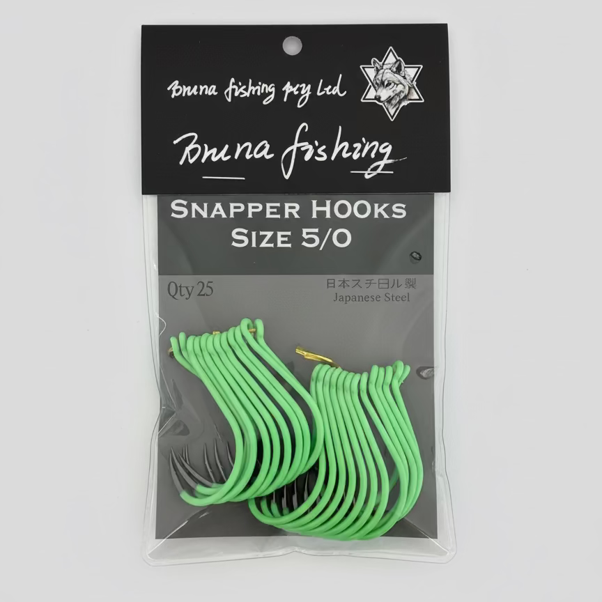 Premium Snapper Hooks – 4/0, 5/0, 6/0 | Japanese Steel | Green / White | 25pcs Pack  (10 packs for $156.95)
