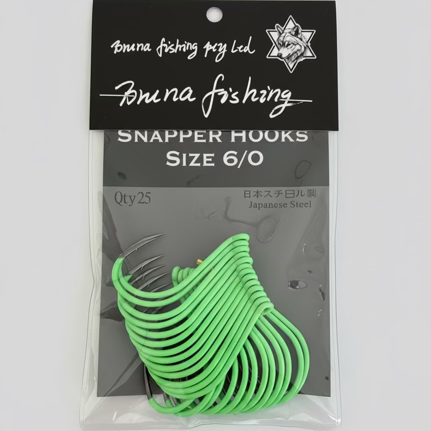 Premium Snapper Hooks – 4/0, 5/0, 6/0 | Japanese Steel | Green / White | 25pcs Pack  (10 packs for $156.95)