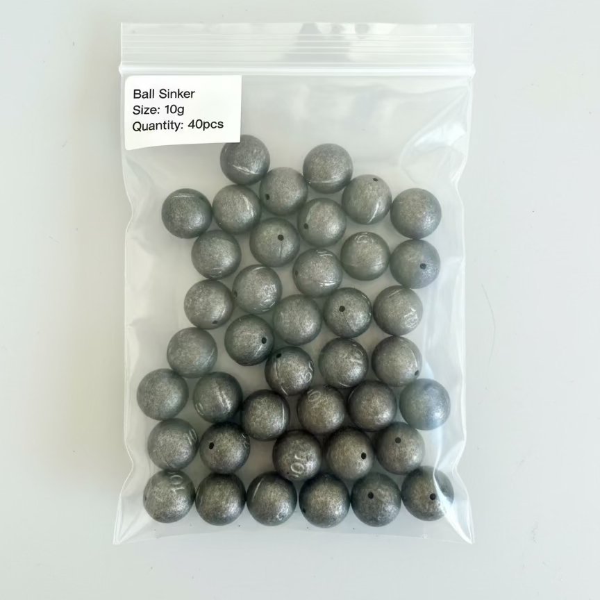 Packaged gray balls labeled 'Ball Stinker' on a textured white surface